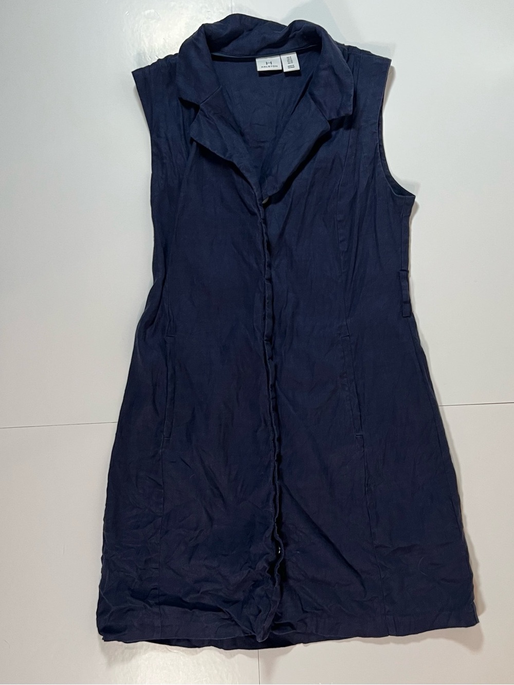Halston Navy Linen Blend‎ Sleeveless Shirt Dress Size 8